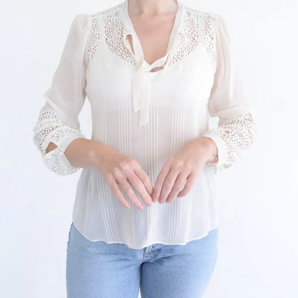 Rebecca Taylor Cream Front Tie Chiffon Eyelet Long Sleeve Blouse 4 - Picture 2 of 12